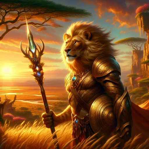 Prompt: *"A majestic leonin warrior, part-lion, part-human, stands proud atop a rugged cliff overlooking a vast and sunlit savanna. The leonin's golden fur shimmers in the light of a radiant sunset, with his powerful mane flowing like molten gold in the warm breeze. His piercing amber eyes gaze fiercely into the horizon, embodying a sense of courage and leadership.

He is clad in ceremonial armor forged from shimmering bronze and adorned with tribal etchings and gemstones that capture the light. In one hand, he grips an ornately crafted spear tipped with a glowing crystal, while the other rests on a massive circular shield carved with the symbols of his pride. Around him, tufts of tall grass sway, and distant herds of fantastical creatures roam the plains.

The backdrop features a towering acacia tree with glowing blossoms, its roots twisting over ancient ruins inscribed with glowing runes. The sky is painted in brilliant hues of orange, pink, and purple, with ethereal light beams cascading from the heavens, imbuing the scene with a mystical and epic quality. The composition celebrates the leonin's strength, wisdom, and connection to the land, making it a standout piece for collectible fantasy art."*