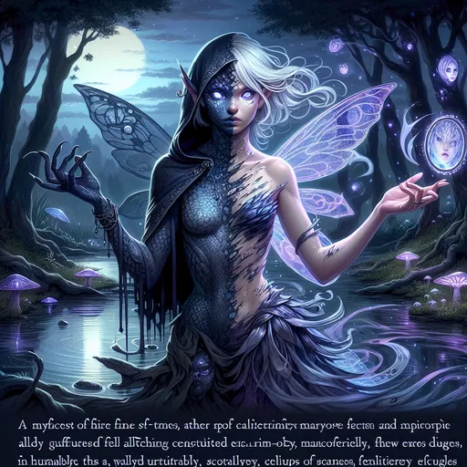 Prompt: "A mysterious changeling stands at the edge of a shimmering forest pond under a twilight sky, their form flickering between identities like a mirage. One half of their body is ethereal and fey-like, with delicate features, silver hair, and glowing lavender eyes, while the other half appears shadowy and amorphous, constantly shifting with hints of scales, claws, and glowing runes. They wear a patchwork cloak made of silken threads and shadowy tendrils, flowing like liquid smoke. In one hand, they hold a small, enchanted mirror that reflects dozens of ever-changing faces—some human, others monstrous, and a few utterly alien. The forest around them is otherworldly, with trees that twist into impossible shapes, glowing fungi, and floating orbs of light that seem drawn to their presence. The pond’s surface ripples unnaturally, reflecting alternate realities and forms. The changeling’s expression is a mix of sorrow and intrigue, as if caught between worlds, embodying the essence of transformation and identity."