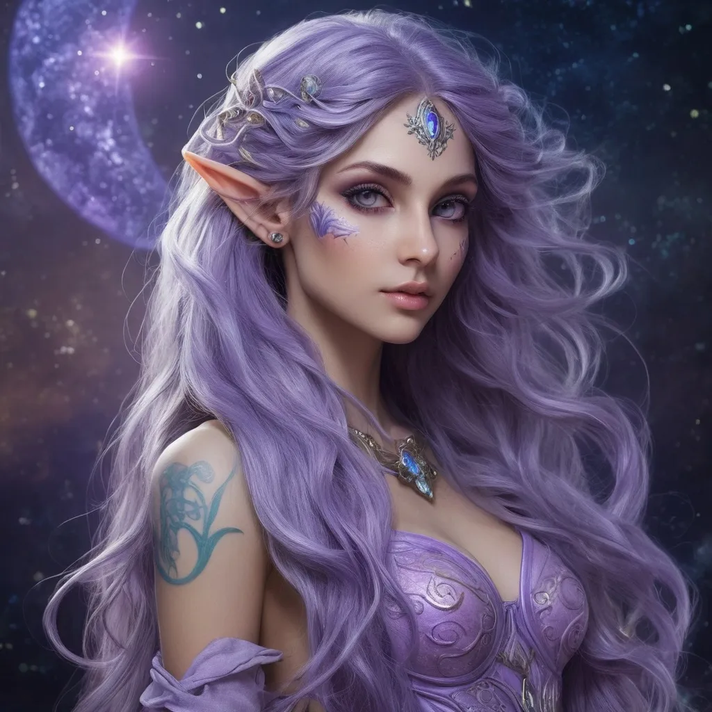 Prompt: Luminara's got breathtaking beauty going on as an Astral Elf rocking ridiculously long hair that shimmers in hues of a starry night sky. Her peepers resemble twin galaxies swirling with cosmic hues that peer into soul's depths. Her skin a delicate lilac hue that glows from within she stands tall exuding a refined elegance born of centuries past. Luminescent tattoos weave intricate elvish constellations across her face and limbs, pulsating in sync with her ever-changing moods. She wears a garment that's woven from starlight and diaphanous fabric floating loosely around her in nebulous wisps somehow.