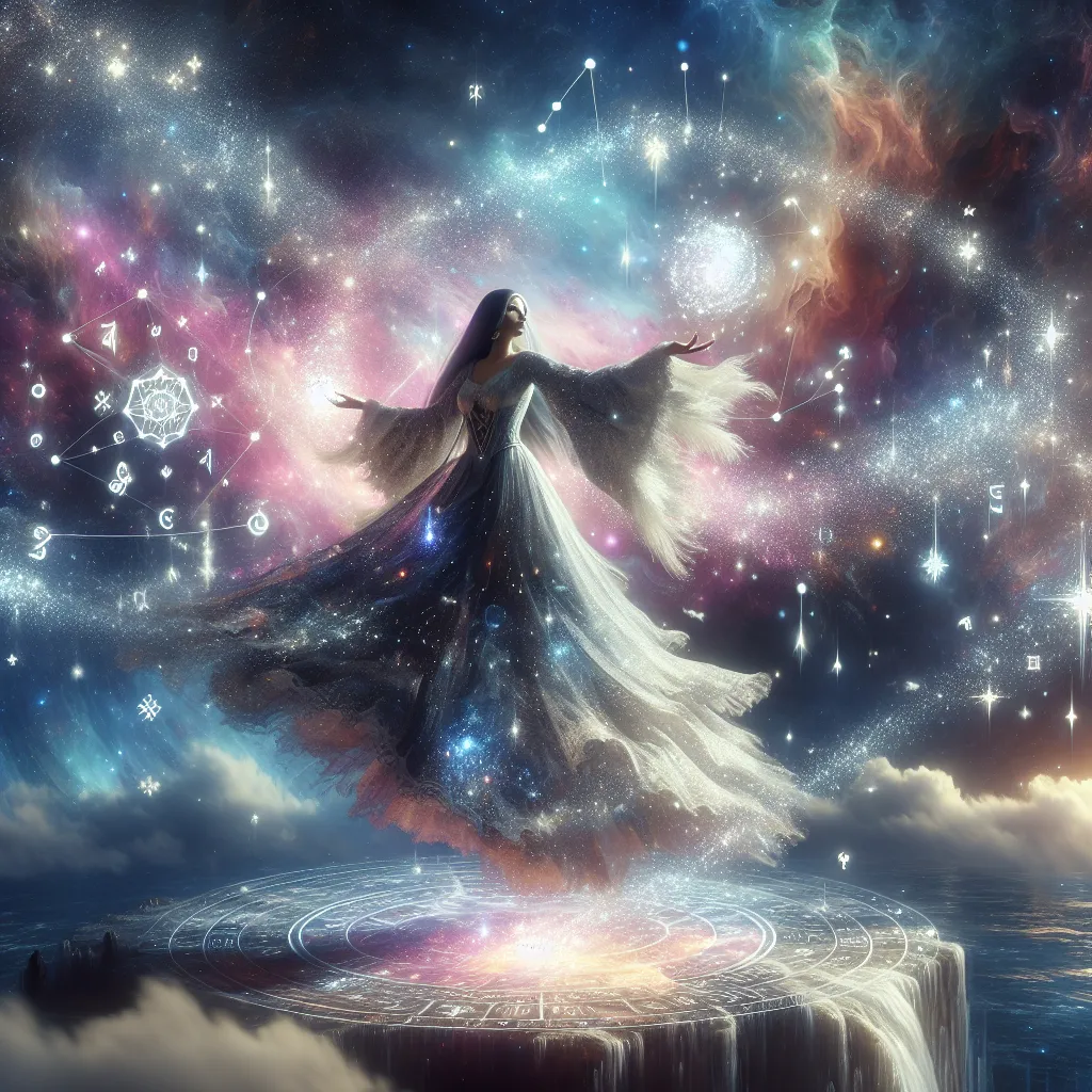 Prompt: "A celestial sorceress standing on a floating island of crystal, her flowing robes sparkling like galaxies. She raises her arms to summon stars, creating an orb of radiant light. Surrounding her are floating runes and constellations, with a cosmic nebula swirling in the background."