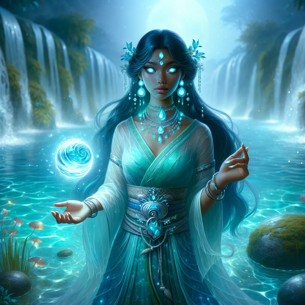 Prompt: Serene Female Water Genasi Mystic
"A serene female Water Genasi stands in the center of a tranquil lagoon, her presence radiating calm and an aura of elemental power. Her smooth, aqua-blue skin glimmers faintly, as if reflecting the light of the water, and her long, flowing hair ripples like liquid, shifting between shades of turquoise and deep sea green. Her eyes, glowing with a soft, luminescent white, resemble pearls, and her features are both delicate and commanding, embodying the grace of the ocean.

She wears robes that flow like waves, crafted from shimmering, translucent material that resembles flowing water, adorned with silver and seashell embellishments. A belt of glowing aquatic gemstones cinches her waist, and a necklace of luminescent pearls rests elegantly around her neck. In one hand, she cradles an orb of swirling water magic, suspended and shimmering with soft light.

Surrounding her, the lagoon is alive with beauty: crystal-clear water reflects the moon and stars, while glowing bioluminescent plants and delicate fish swim gracefully in the depths. Waterfalls cascade gently into the lagoon, their mist catching the light, creating tiny rainbows. The atmosphere is tranquil yet charged with the elemental energy of water, making her presence both soothing and awe-inspiring."