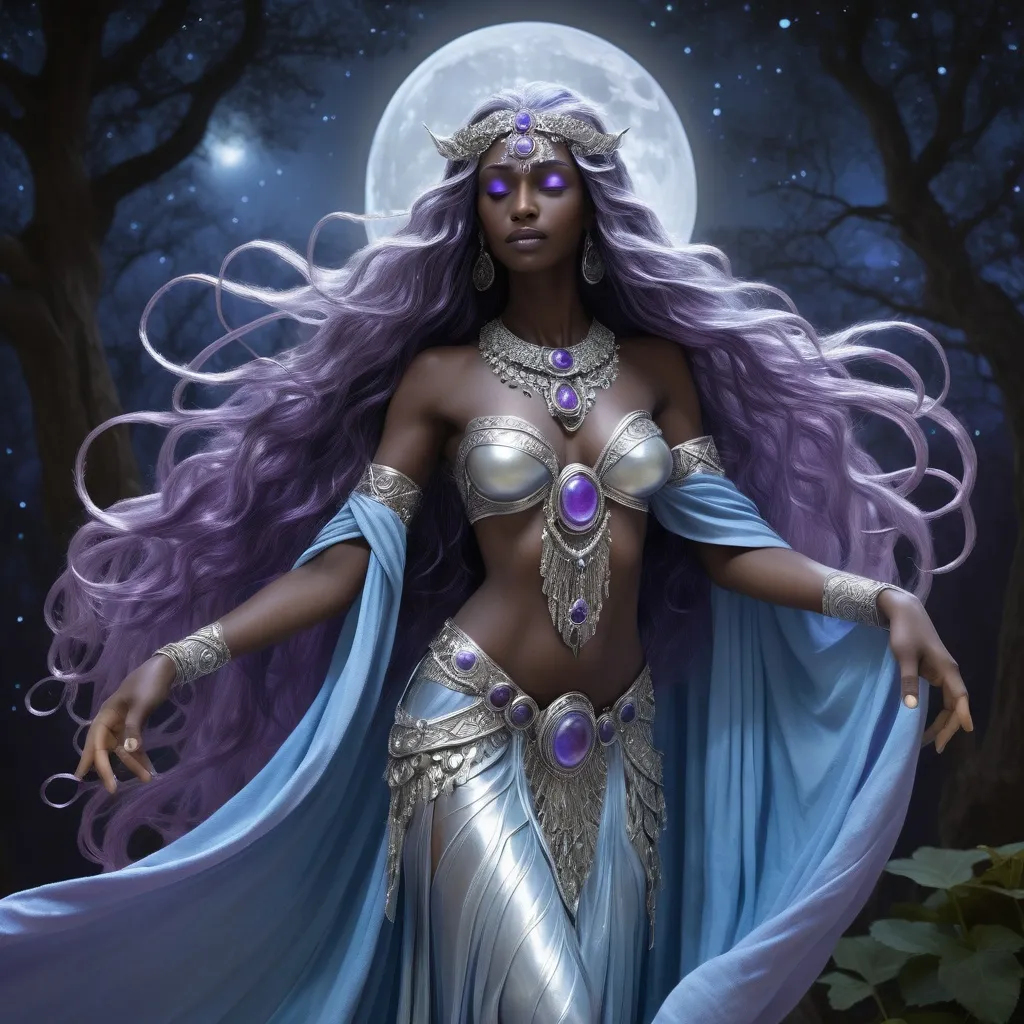 Prompt: Thara Moonshadow is a Magog, a rare and enigmatic species known for their ethereal beauty and otherworldly grace. Standing at a statuesque six feet tall, her skin is a shimmering silver that seems to dance with the light, often reflecting the soft blues and purples of the moonlit nights she so dearly loves. Her long, flowing hair cascades like a waterfall of obsidian, each strand adorned with delicate beads of silver that jingle softly as she moves. Her eyes are twin pools of liquid amber, surrounded by thick, dark lashes that seem almost too heavy for her delicate features. Her nose is straight and slender, her lips full and naturally tinted a soft pink. Her ears are pointed, elongated and adorned with intricate earrings that mirror the shape of the crescent moon. Her body is lithe and athletic, a testament to her centuries of honing her skills as a warrior and a dancer. Her fingers are long and nimble, perfect for plucking the strings of her magical lute, and her feet, bare and unblemished, leave no trace as she glides across the ground. She is often seen wearing a cloak of woven starlight that clings to her form, revealing just enough to hint at the intricate tattoos that cover her torso, each one a story from her long and storied past.