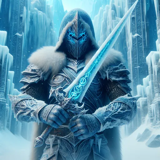 Prompt: "A fierce warrior clad in icy blue armor etched with frost runes stands amidst an arena of snow and ice. Their sword, forged from the heart of a glacier, shimmers with razor-sharp cold. Behind them, massive walls of frozen stone rise, and the air is thick with the chill of impending battle as they prepare to face their next foe."