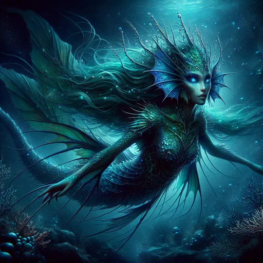 Prompt: In the shadowy depths of the ocean, where sunlight dares not tread, dwells the enigmatic Female Deep One. She is a hauntingly beautiful creature, her form a mesmerizing blend of human and aquatic features. With iridescent scales that shimmer like moonlight on water, her skin glistens in hues of deep teal and emerald, reflecting the ancient wisdom of the ocean. Her long, flowing hair resembles the delicate strands of seaweed, weaving through the currents with grace. Her eyes, large and opalescent, hold the secrets of the abyss, glimmering like twin sapphires amidst the darkness. As she glides through her underwater realm, webbed fingers extend from elongated limbs, allowing her to navigate the rocky caves and coral forests with ease. Proud and fierce, she is a guardian of her kind, wielding the power of the tide and the mysteries of the sea. Clad in garments woven from the shimmering threads of deep-sea creatures, she exudes an aura of both allure and danger. Those who encounter her may feel an irresistible pull, as if drawn to the depths of the ocean itself. Yet, beneath her ethereal beauty lies a fierce protector—a being who embodies both the wonder and the terror of the deep, a keeper of ancient lore and the mysteries of the ocean's vast expanse.