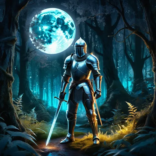 Prompt: Background: A glowing enchanted forest, illuminated by bioluminescent plants and a radiant full moon in the sky.
Action: A knight in shimmering silver armor stands before a mystical portal, his sword raised as if ready to step through.
Render Style: Highly-detailed digital painting with a magical and ethereal glow.
Theme: Heroic adventure and mystery.