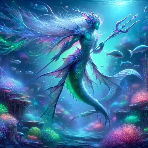 Prompt: "A mesmerizing underwater fantasy scene centered on a majestic adaro, a humanoid sea spirit with glistening, iridescent scales blending shades of turquoise, silver, and violet. The adaro glides gracefully through an ethereal coral reef illuminated by bioluminescent flora, casting soft, otherworldly hues of green, pink, and blue. Its sleek body is adorned with flowing kelp-like fins, and it wields a trident glowing with ancient runic energy. Surrounding the adaro, schools of luminescent fish dart through the water, white tendrils of sunlight pierce the ocean depths, highlighting the scene's vibrant details. In the background, a sunken temple covered in coral and seaweed hints at a forgotten lore and mystery. The adaro's eyes glow softly, reflecting wisdom and a connection to the sea, as bubbles rise and currents flow gently, creating an immersive and dynamic composition. The overall palette combines vivid oceanic tones with a sense of mystique, capturing the adaro as a rare and collectible mythical figure in fantasy art."