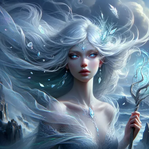 Prompt: The Whispering Zephyr
"A serene female Air Genasi drifts effortlessly above a windswept cliff, her translucent, azure skin shimmering like morning mist. Her long, silver-white hair flows around her as if caught in an eternal breeze, adorned with delicate threads of starlight and tiny crystals that tinkle like wind chimes. Her piercing, storm-gray eyes glow faintly, mirroring the swirling clouds above. She wears a flowing, ethereal gown of gossamer that shifts colors with the changing light, seeming to merge with the wind itself. In her hand, she holds an elegant staff carved from petrified wood and crowned with a swirling sphere of elemental air, its currents creating a soft hum that resonates with her presence. Around her, the air is alive with dancing motes of light and drifting petals, carried by the ever-present breeze that seems to obey her will. The world around her feels lighter, as though gravity itself bends to her ethereal grace."