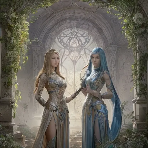 Prompt: Leona and Elspeth spent weeks guiding the newly-freed beings, teaching them the ways of balance and harmony that their ancestors had once known. They worked tirelessly alongside them, repairing the damage wrought by the Phyrexians, planting new life where the corruption had taken root.