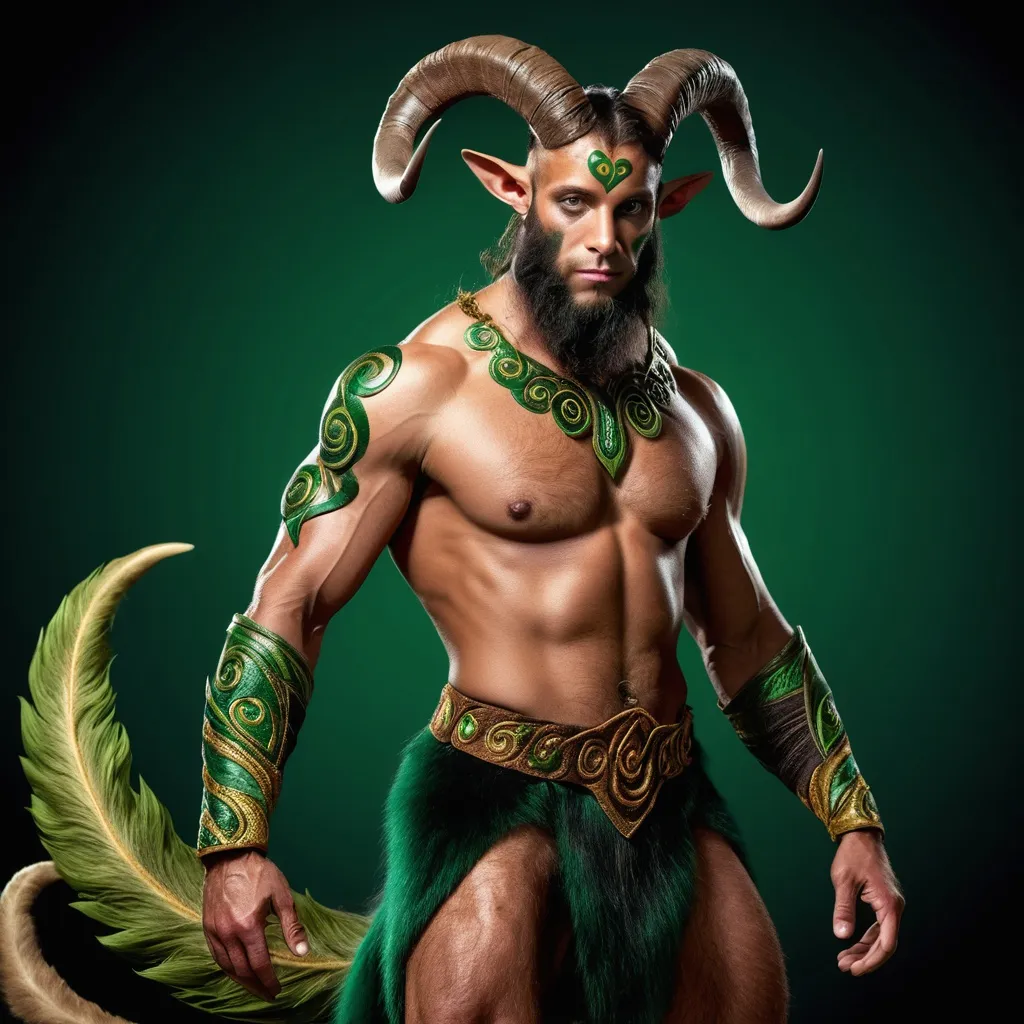 Prompt: Satyr, male, 108, early 30s, deep emerald fur, shimmering gold fur, piercing amber eyes, delicate lashes, majestic spiral horns, intricate carvings, broad-chested, finely woven leaf tunic, sculpted muscles, powerful legs, cloven hooves, velvety tail, graceful movement, robust human torso, goat lower half, green and brown tunic, forest guardian, panpipes, Great Oak's protege, unique bond with forest, manipulates plant growth, wise, solemn, melodious voice, sense of humor, solitary, protective, peaceful yet capable of conflict, forest spirit communion.