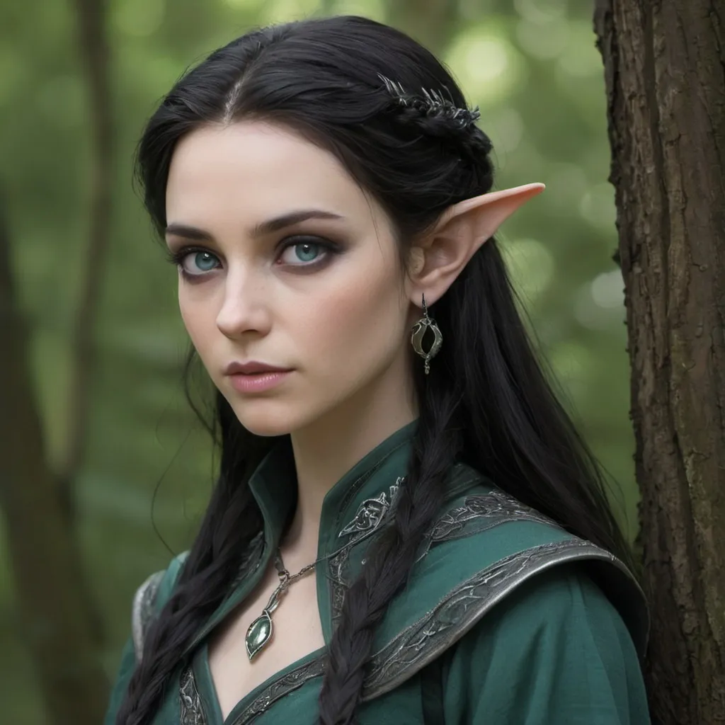 Prompt: Half-elf, female, 150 years old, mid-twenties appearance, warm porcelain skin, moon-kissed, raven hair with silver-blue streaks, elven lineage, emerald eyes, mischievous gaze, pointed nose, pouty lips, sharp jawline, elongated ears, silver earrings, forest green leather, shimmering blue silk, swift movement attire, hidden pockets, moon phase necklace, lineage tattoos, black leather gloves, silent boots, fiery temperament, unpredictable moods, protective, loyal, quick-witted, sarcasm, graceful panther-like movements, spiritual forest connection, night-dwelling, intense companionship, elven heritage, human curiosity, ancient knowledge seeker, woodland guardian.