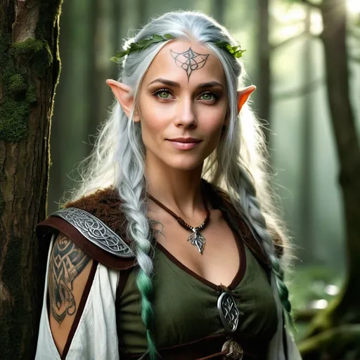 Prompt: Ageless, early 30s appearance, Druid, elven heritage, moonlit skin, green-silver hair, amber eyes, pointed canines, dimples, warm smile, sharp features, ethereal beauty, intricate tattoos, natural garb, leafy attire, color-changing outfit, ancient staff, communion with nature, forest guardian, wise mentor, unshakeable bond, fiercely protective, unyielding resolve, quiet dignity, compassionate, humorous, unpredictable, moon-cycle moods, calm demeanor, skilled diplomat.