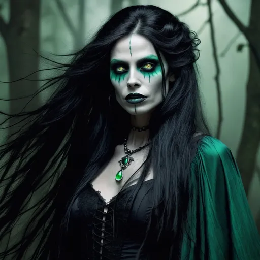 Prompt: Echo Nightshade, a ghoul of unrivaled grace, stands at a height that would make humans crane their necks to meet her piercing gaze. Her skin, once a vibrant hue of emerald, has faded with time to a soft sage, the color of ancient parchment. Her long, flowing hair is a tapestry of raven blacks and silvery whites, woven with whispers of the countless moons she has seen. Her eyes are twin pools of midnight, reflecting the flickering candlelight of the forgotten library she calls home. Her features are sharp and defined, yet carry an ethereal softness that hints at the beauty of her former human life. Her nose is a proud arch, her cheekbones high and her lips full, often curving into a knowing smile that seems to hold the secrets of the ages. Her body is lean and agile, a testament to her endless hours spent prowling the labyrinthine catacombs beneath the city. Her attire consists of tattered, yet elegant, garments of velvet and lace that have been meticulously salvaged from the tombs of her library's long-dead patrons. A silver locket, containing a lock of her once human hair, hangs from her neck, a silent reminder of her past life. Her nails, grown to a length that would make a vampire envious, are filed to fine points, serving as both a weapon and a delicate tool for turning the brittle pages of the tomes she cherishes.