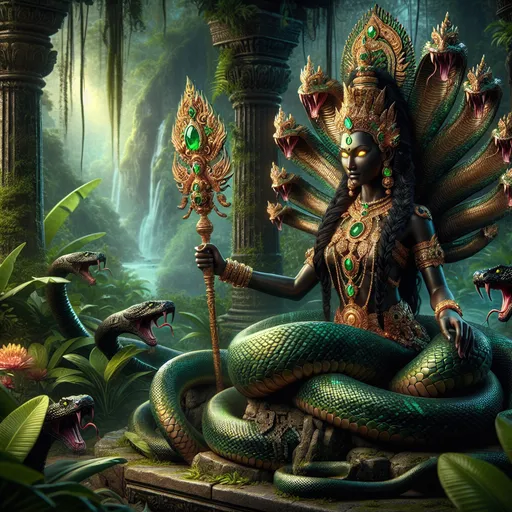 Prompt: The Serpent Sovereign
"A regal female Naga coils atop an ancient stone pedestal deep within a jungle temple, her emerald-scaled lower body gleaming with a serpentine grace. Her upper half is strikingly beautiful, with shimmering bronze skin and piercing golden eyes that seem to see into the souls of those who gaze upon her. Her long, black hair is adorned with gold and jade ornaments shaped like serpents, cascading down her back in intricate braids. She wears a gilded chest piece encrusted with glowing gemstones, and in her hands, she holds a ceremonial staff crowned with a coiled serpent that radiates an aura of dark magic. Vines and glowing flowers surround her, while venomous snakes slither around the pedestal, obedient to her will. The air hums with an ominous energy as she commands the temple's power."