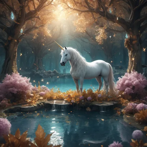 Prompt: Background: A Mystical forest with towering crystal trees, their branches adorned with glowing fruits and golden leaves.
Action: A unicorn with a shimmering, multi-hued mane drinks from a sparkling pool surrounded by bioluminescent flowers.
Render Style: Fantasy realism with delicate details and vibrant, magical lighting.
Theme: Pure magic and unearthly serenity.