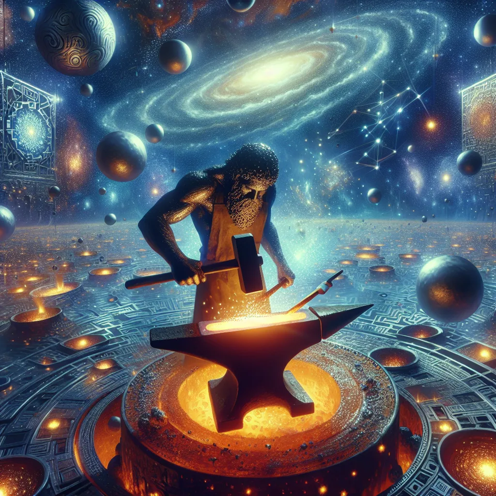 Prompt: "A blacksmith of celestial proportions works in a vast forge suspended in space, where stars are forged instead of metal. Their hammer glows with radiant energy, and each strike sends shockwaves of light across the void. Around them, molten orbs of stardust and glowing fragments of constellations float in orbit, creating a breathtaking celestial workshop."