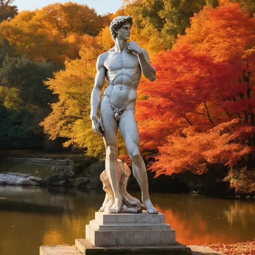 Prompt: "On the banks of a well-lit river glowing under the warm hues of an autumn afternoon, Michelangelo's statue of David stands gracefully, its marble surface reflecting the golden sunlight filtering through vibrant red and orange foliage. The scene is serene yet surreal, with the statue situated incongruously on a small wooden platform partially submerged in the gentle current. Nearby, a polished antique pocket watch rests on a smooth river stone, its intricate hands frozen in time, while a cast-iron kettle sits beside it, steam faintly rising from its spout as though recently boiled. The river sparkles with clarity, and fallen leaves float lazily on its surface, adding a touch of seasonal charm. The juxtaposition of classical art, temporal elegance, and rustic utility creates a whimsical, contemplative mood, with hyper-detailed textures highlighting the smoothness of the marble, the metallic shine of the watch, and the weathered surface of the kettle."