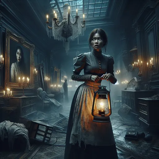 Prompt: "A moody, atmospheric fantasy scene featuring a disturbed housekeeper in a grand, decaying mansion. The housekeeper, clad in a tattered uniform from a bygone era, clutches a rusted lantern that casts flickering shadows across the room. Their face is pale and etched with tension, eyes wide with paranoia as they glance nervously over their shoulder.

The mansion is a labyrinth of mystery, with ornate furniture covered in dust and cobwebs, broken chandeliers hanging precariously, and faded portraits that seem to follow the housekeeper with their gaze. A cold, unnatural fog creeps in through the shattered windows, and faint, ghostly whispers echo through the halls.

The housekeeper stands in the midst of the chaos, surrounded by overturned furniture and strange, arcane symbols drawn on the floor, suggesting a failed attempt at protection or summoning. A sense of dread permeates the air, as if the very walls of the mansion are alive with dark secrets and unseen eyes watching from the shadows."