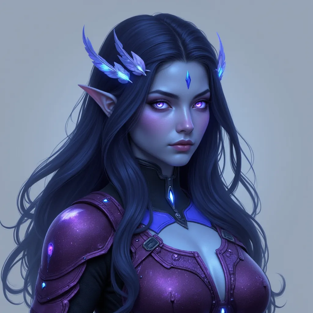 Prompt: Zarael Whisperwind, known more commonly as Zara, stands tall at six feet seven inches, a testament to her Kalashtar lineage. Her skin is a rich tapestry of blues and purples, shimmering subtly in the light with an ethereal quality that seems to hint at the bound psionic energy within her. Her hair, long and flowing, is a cascade of dark indigo that reaches the small of her back, often adorned with small crystals and feathers that whisper with every movement. Her eyes are the most striking feature, a piercing silver that seems to gaze into the soul of anyone who meets her gaze. They are large and almond-shaped, framed by thick, dark lashes, and surrounded by a faint aura that pulses with psychic energy. Her features are sharp and angular, reminiscent of elven grace but with a stoic strength that speaks of her monk training. Her body is toned and lithe, a balance of power and agility that comes from centuries of discipline and meditation. Her garments are a mix of light armor and flowing silks in shades of midnight blue and silver, allowing for ease of movement in combat and a certain elegance in diplomacy. Her hands and feet are adorned with intricate tattoos that trace the pathways of her psionic abilities, each line and swirl telling a story of her ancestral heritage and personal triumphs.