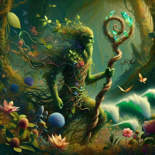 Prompt: "A nature-bound warrior stands at the edge of a vast, glowing jungle, their body intertwined with living vines and blooming flowers. Their staff, a twisting branch adorned with glowing crystals, hums with primal energy. Around them, waves of vibrant plant life surge forward, reclaiming the land in a cascade of green and gold."