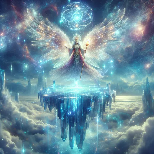 Prompt: Celestial Guardian of Realms "A celestial guardian standing atop a floating crystal island, surrounded by glowing ethereal mists. The guardian has radiant wings made of stardust and wields a shimmering, jewel-encrusted staff that pulsates with cosmic energy. The sky is filled with cascading auroras and galaxies swirling in the background."