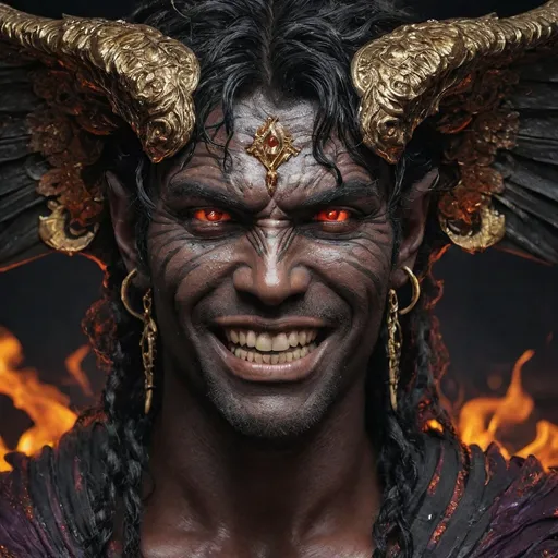 Prompt: Moros is a towering figure at six and a half feet, his physique powerfully built, as if sculpted from dark, polished marble. His skin is a deep, crimson hue, appearing almost black in dim light, crisscrossed with veins of molten gold that shimmer faintly under his skin, like a network of miniature rivers of fire. His hair is a living flame, a chaotic mix of fiery reds, burnt oranges, and smoldering yellows, constantly swirling as though caught in a perpetual updraft, adding to his dramatic presence. His emerald green eyes are sharp and piercing, capable of seeing through any facade, and filled with an ancient, knowing light. Two vast, leathery black wings, tipped with scarlet, fold behind him, capable of unfurling to a twelve-foot wingspan. A pair of sharp, curved horns rise from his brow, a clear sign of his demonic heritage. His face is angular, with high cheekbones, a strong jaw, and a mouth that can deliver both a disarmingly charming and terrifying smile, revealing teeth as sharp as daggers. He favors dark, flowing robes in deep purples and blacks, intricately embroidered with gold thread that dances with the fiery aura that surrounds him. His hands are adorned with multiple rings, each bearing an inscription or design hinting at his past victories.