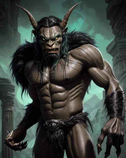 Prompt: Male, Bugbear, 120 years old, emerald green fur, jet black streaks, hunched, muscular, 8 feet tall, piercing yellow eyes, mischievous gaze, heavy brow, ancient goblin tattoos, sharp mandibles, venom stains, founder of Emerald Claw, thief of magical artifacts, Phantom Raider, charismatic leader, strategic mind, insatiable curiosity, disarming smile, thirst for knowledge, enigma.