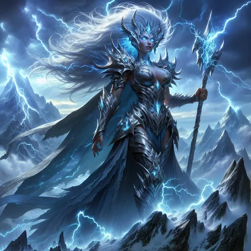 Prompt: Majestic Female Storm Giantess
"A towering female Storm Giantess stands at the peak of a storm-lashed mountain, her immense and regal form illuminated by flashes of lightning. Her skin shimmers with a soft silver-blue hue, glowing faintly as if charged with the energy of the storm itself. Her long, flowing hair, a cascade of storm-gray and streaked with white, whips in the powerful winds. Her piercing electric-blue eyes radiate a commanding presence, glowing like the heart of a tempest.

She is clad in gleaming armor made of polished steel and adorned with intricate patterns resembling storm clouds and lightning bolts. A flowing cloak of deep midnight blue billows behind her, lined with silver trim that sparkles like stars. In her hand, she wields a massive warhammer crackling with raw lightning energy, its head shaped like a thundercloud.

The mountain peak around her is a dramatic scene of swirling storm clouds, jagged rocks, and cascading rain, with glimpses of a vast kingdom far below, lit faintly by the storm's glow. The power and majesty of the giantess are palpable, embodying the awe-inspiring force of nature itself."