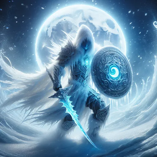 Prompt: "A crystalline figure stands under a full moon, its icy armor shimmering with the reflection of the moonlight. In one hand, it holds a frosted shield etched with lunar sigils; in the other, a blade of pure ice glows faintly blue. Snow swirls around it, and the ground is covered in frost that pulses with magical energy."