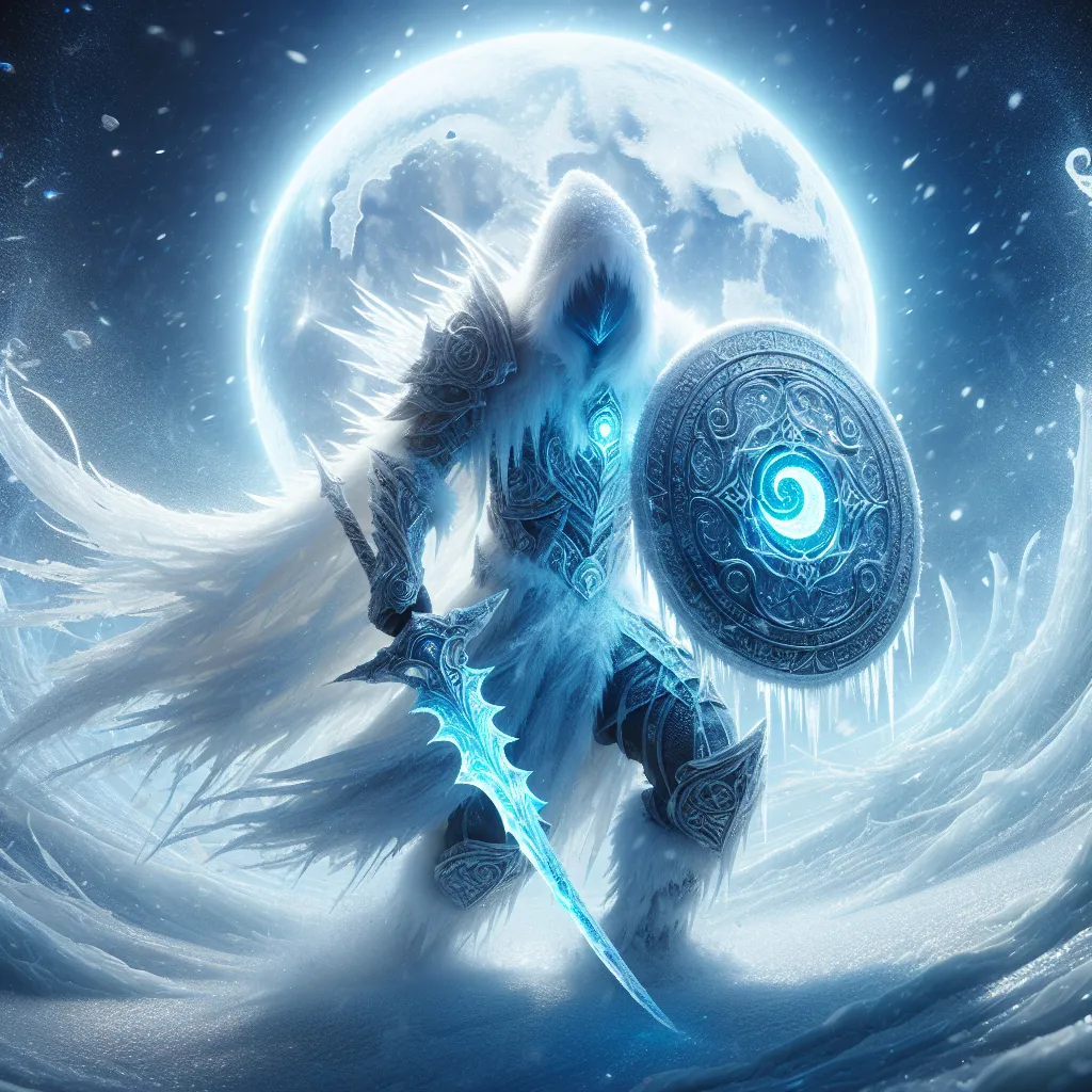 Prompt: "A crystalline figure stands under a full moon, its icy armor shimmering with the reflection of the moonlight. In one hand, it holds a frosted shield etched with lunar sigils; in the other, a blade of pure ice glows faintly blue. Snow swirls around it, and the ground is covered in frost that pulses with magical energy."