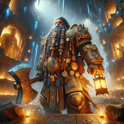 Prompt: "An awe-inspiring  fantasy scene spotlighting a powerful dwarven warrior standing triumphantly in a grand underground cavern, surrounded by glowing veins of gold and shimmering crystals embedded in jagged rock walls. The dwarf is clad in intricately crafted armor, engraved with runes and encrusted with gemstones, reflecting the soft luminescence of the cavern. His braided beard and hair are adorned with metal rings and trinkets, each telling a story of his heritage. In one hand, he weilds a massive battle axe, its blade etched with fiery runes that radiate a faint orange glow. The other hand holds a glowing lantern, casting a warm light on the ancient stone floor carved with intricate patterns.

Behind him a towering forge burns with mystical blue flames, and golden statues of ancient dwarven kings stand sentinel, exuding grandeur and history. Whisps of steam and embers dance in the air, adding movement and energy to the scene. The dwarf's expression is one of pride and resilience, embodying the indomitable spirit of his kind. The palette is a blend of warm golds, fiery oranges, and cool blues, creating a dramatic and visually stunning composition that elevates the dwarf to a legendary, collectible figure in fantasy art."