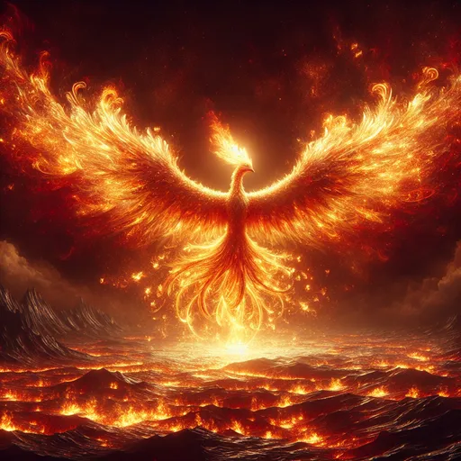 Prompt: "A majestic phoenix with feathers of molten gold rises from a sea of fire. Its blazing wings spread wide, casting radiant light across a desolate, ashen landscape. As it ascends, embers transform into blooming flowers of gold and crimson, leaving trails of beauty in its fiery wake."