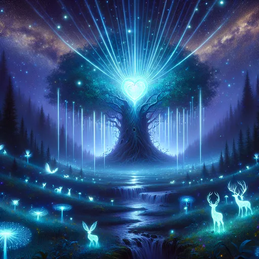 Prompt: The Enchanted Forest Heart
"A sprawling, mystical forest comes alive under a radiant moonlit sky, every leaf and blade of grass shimmering with bioluminescent light. At the heart of the scene stands a colossal, ancient tree whose massive roots cradle a glowing, crystalline heart pulsating with vibrant energy. This heart emits beams of light that ripple outward, transforming the forest into a dreamscape of surreal beauty. Ethereal creatures—luminescent deer, winged sprites, and foxes with fiery tails—gather around the tree, their forms glowing softly against the backdrop of cascading waterfalls and shimmering ponds. The air itself glows with motes of golden dust, spiraling upwards like tiny stars. The sky above blends hues of deep indigo and shimmering silver, dotted with constellations that seem to mirror the magic below. The scene exudes an otherworldly charm, blending intricate details with a profound sense of wonder and tranquility."

