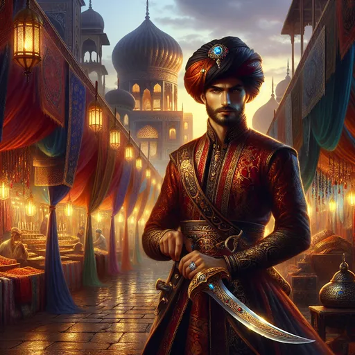 Prompt: "A breathtaking fantasy masterpiece featuring a West Asian swordsman in the heart of a bustling medieval bazaar at twilight. The swordsman stands tall and confident, clad in intricate, traditional garb adorned with vibrant patterns of deep crimson and gold. His turban is elegantly wrapped, with a single gemstone shimmering at its center, catching the fading sunlight.

He holds a curved shamshir sword, its blade gleaming with an ethereal, magical glow, and its hilt encrusted with intricate filigree and inlaid gems. His piercing gaze exudes wisdom and power as he surveys his surroundings. Around him, the bazaar is alive with activity: merchants selling exotic spices, shimmering silks, and ornate lanterns; vibrant awnings and colorful fabrics flutter in the evening breeze.

The atmosphere is rich with warm golden tones, illuminated by the soft glow of hanging lanterns and the fading light of the setting sun. Behind the swordsman, the grand silhouette of a domed palace rises against the star-speckled sky, adding a sense of grandeur and mystery.

The scene captures the essence of a hero ready to embark on an epic journey, blending the mystique of West Asian culture with the enchanting allure of fantasy."