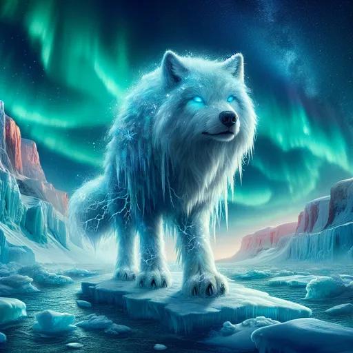 Prompt: "A gigantic wolf with fur that sparkles like freshly fallen snow stands atop a glacial ridge. Its icy blue eyes glow with ancient wisdom as frost trails rise from its massive paws. Around it, a frozen tundra stretches to the horizon, and an aurora dances across the night sky, casting the scene in an ethereal glow."