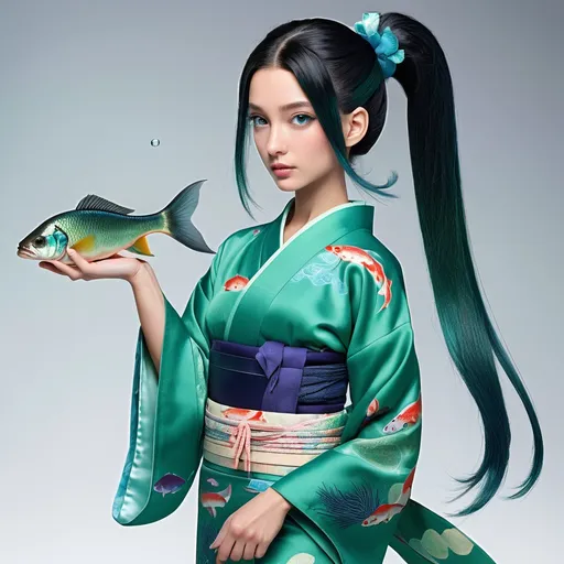 Prompt: tall kappa, emerald green skin, subtle iridescence, mid-20s appearance, lean muscular frame, dark teal hair, sleek ponytail, high cheekbones, piercing blue eyes, "sara" water dome, aquatic life in head, webbed hands and feet, vibrant tail with algae and fish, water-repellent kimono, woven obi, finned tail exposed, traditional kappa garb, modern twist, orphaned background, water manipulation skills, wise mentor Tsunami, curious about human culture, skilled linguist, legendary artifact seeker, Great Drought survivor, Kappa-Lord descendant, Guardian of the Flow, charismatic leader, diplomatic approach, humble nature, courageous spirit, strong yet gentle.