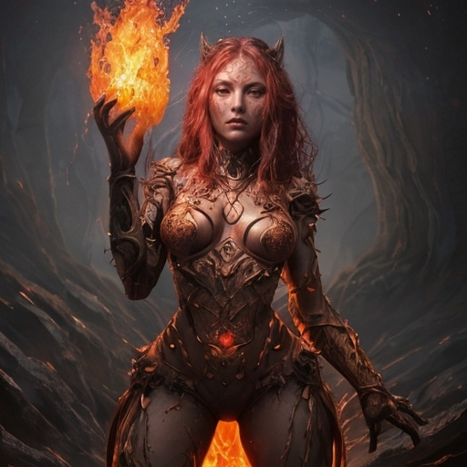 Prompt: Emberlore is an ancient golem, crafted from the fiery embers of a long-extinct volcano. Her form is both terrifying and mesmerizing, standing at a towering height of twelve feet, with a sculpted body of glowing, red-hot magma. Her eyes are like pools of molten gold, forever flickering with the intensity of her inner flame. Her limbs are adorned with intricate runic patterns that shimmer in the light, hinting at the powerful spells that animate her being. Her "skin" is a dynamic mosaic of cooled lava that cracks and reforms as she moves, revealing the searing heat beneath.