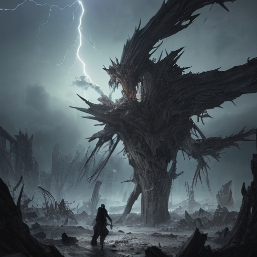 Prompt: When the light faded, the Phyrexian leader lay in ruins, its twisted body a testament to the power of the storm. The corrupted minions fell to their knees, their will to fight shattered by the display. The tempest that had been a living, breathing part of Leona receded, the winds calming to a gentle whisper, the lightning fading to a soft glow.