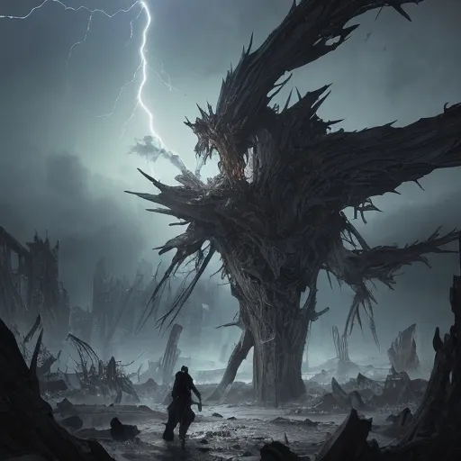 Prompt: When the light faded, the Phyrexian leader lay in ruins, its twisted body a testament to the power of the storm. The corrupted minions fell to their knees, their will to fight shattered by the display. The tempest that had been a living, breathing part of Leona receded, the winds calming to a gentle whisper, the lightning fading to a soft glow.