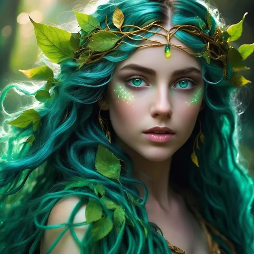 Prompt: Lila Aetherwood is a mesmerizing being whose very essence is woven from the fabric of nature itself. Her hair is a wild cascade of leaves and vines in a spectrum of emerald and gold, fluttering in the breeze like a living aurora. Her eyes, twin pools of cerulean water, dance with the sparkle of dewdrops and the depth of ancient oceans. Her skin, a soft and radiant green, is adorned with intricate tattoos of blooming flowers that shift and change with her mood and the seasons. Her slender frame is both ethereal and robust, hinting at the unyielding strength of the earth beneath her bare feet. She is often seen draped in garments made from petals and silk, the colors changing as the flora around her evolves. Her hands and feet are tipped with delicate thorns that allow her to navigate the densest underbrush and scale the mightiest trees with ease. A pair of transparent, dragonfly-like wings, iridescent with the hues of a thousand butterflies, sprouts from her back, allowing her to glide gracefully through the skies when the need arises. Her smile is warm and inviting, yet it carries the wisdom of countless cycles of growth and decay.