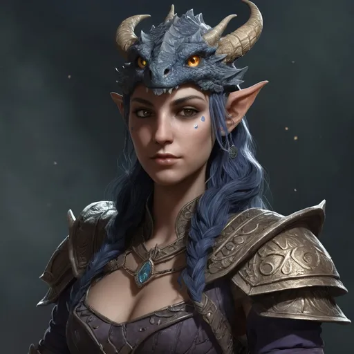 Prompt: Alara Moonshadow is the last surviving heir to the lost Moonshadow Dynasty. Born into a world where the dragonborn were slowly fading into myth, she grew up in the shadow of the ancient ruins of her ancestral homelands, the whispers of their grandeur her only companions. Raised by a wise old dragon named Elara, she learned the ancient secrets of the arcane and the sacred bond between dragons and their kin. Her days were filled with rigorous training, learning to harness her innate dragon breath—a powerful blast of radiant light—and the subtle art of diplomacy that once allowed her ancestors to rule with wisdom and respect. When her mentor passed away, Alara took it upon herself to restore her lineage's honor by seeking out the scattered relics of her people's history. Her quest led her through treacherous lands, forging alliances with unlikely companions and battling dark forces that threatened to extinguish the last embers of her kind's greatness. Each victory brought her closer to understanding the prophecy that spoke of a dragonborn who would rise and unite the scattered clans under a banner of peace and prosperity.