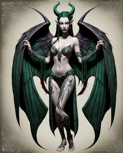 Prompt: Yuan-ti Pureblood, female, 120-year-old, mid-twenties appearance, alabaster skin, emerald scale pattern, jade slitted eyes, raven hair with jungle adornments, six feet tall, powerful build, sharp retractable claws, pointed elongated ears, emerald wings, venomous tail stinger, hidden venom, exotic features, jungle-born, House of Shadowspine heir, diplomat, arcane affinity, serpentine grace, political prowess, enigmatic charm, multifaceted personality, smile, venom