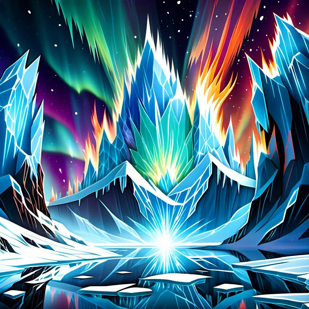 Prompt: Background: A frozen tundra with jagged ice cliffs reflecting an aurora borealis dancing across the sky.
Action: A mythical phoenix with blazing feathers of fire and ice bursts from a crystalized volcano, its flames melting the surrounding ice.
Render Style: Dynamic and luminous, with extreme contrast between fire and ice elements.
Theme: Rebirth and elemental harmony.