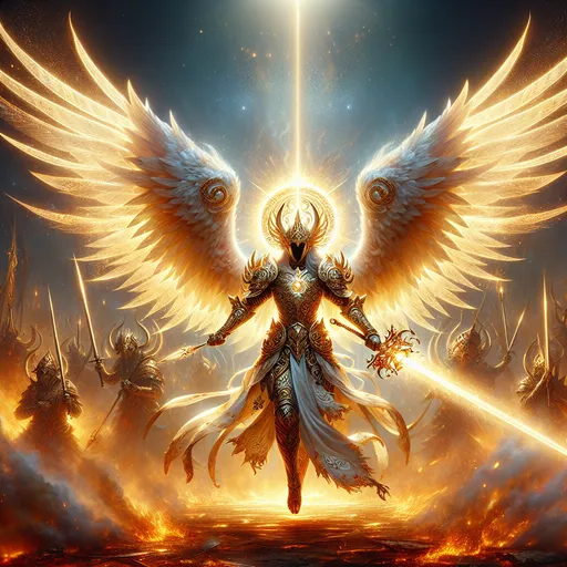 Prompt: "A celestial warrior with six radiant wings stands in the midst of a glowing battlefield. Their sword, a blade of pure light, glimmers with golden energy as it slices through shadowy foes. Their armor is intricately adorned with holy symbols, and a halo of burning white light hovers above their head, illuminating the battlefield in divine brilliance."