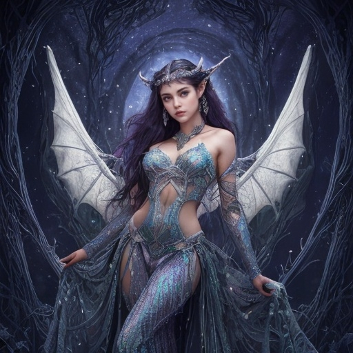 Prompt: Alara Moonshadow, with her ethereal beauty and commanding presence, is a creature of myth and wonder. Standing tall at six and a half feet, her lithe figure is a harmonious blend of elven grace and dragon power. Her skin, a shimmering moonlit silver, reflects the light like the surface of a tranquil lake under the full moon, casting an eerie yet mesmerizing glow. Her eyes, a piercing emerald green, hold the ancient wisdom of the dragons and the cunning of the elves. Her hair, a cascade of deep blues and purples, flows down to her waist, often adorned with silver and sapphire trinkets that whisper secrets of her lineage. Her pointed elven ears are adorned with intricate piercings and delicate chains that tinkle as she moves, while her wings, a majestic span of iridescent scales, stretch out to frame her when unfurled, whispering of a night sky filled with stars. Her hands and feet are tipped with sharp, curved claws, hinting at her draconic heritage. Her attire is a meshing of elven elegance and dragon grandeur; a flowing gown made of the finest moonlit silks, complemented by a chest plate of gleaming dragon scales that shimmer with an inner fire, reflecting the warmth of her soul.