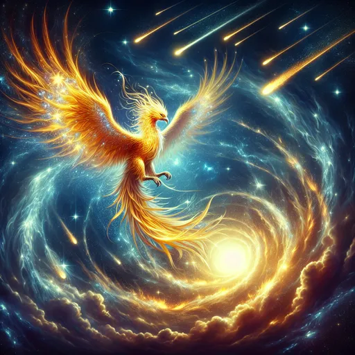 Prompt: "A radiant Phoenix with wings of pure starlight descends from a glowing rift in the sky. Their golden feathers are adorned with shifting constellations, and their talons blaze with cosmic fire. Around them, meteors streak through the heavens, signaling their arrival as a herald of divine judgment."