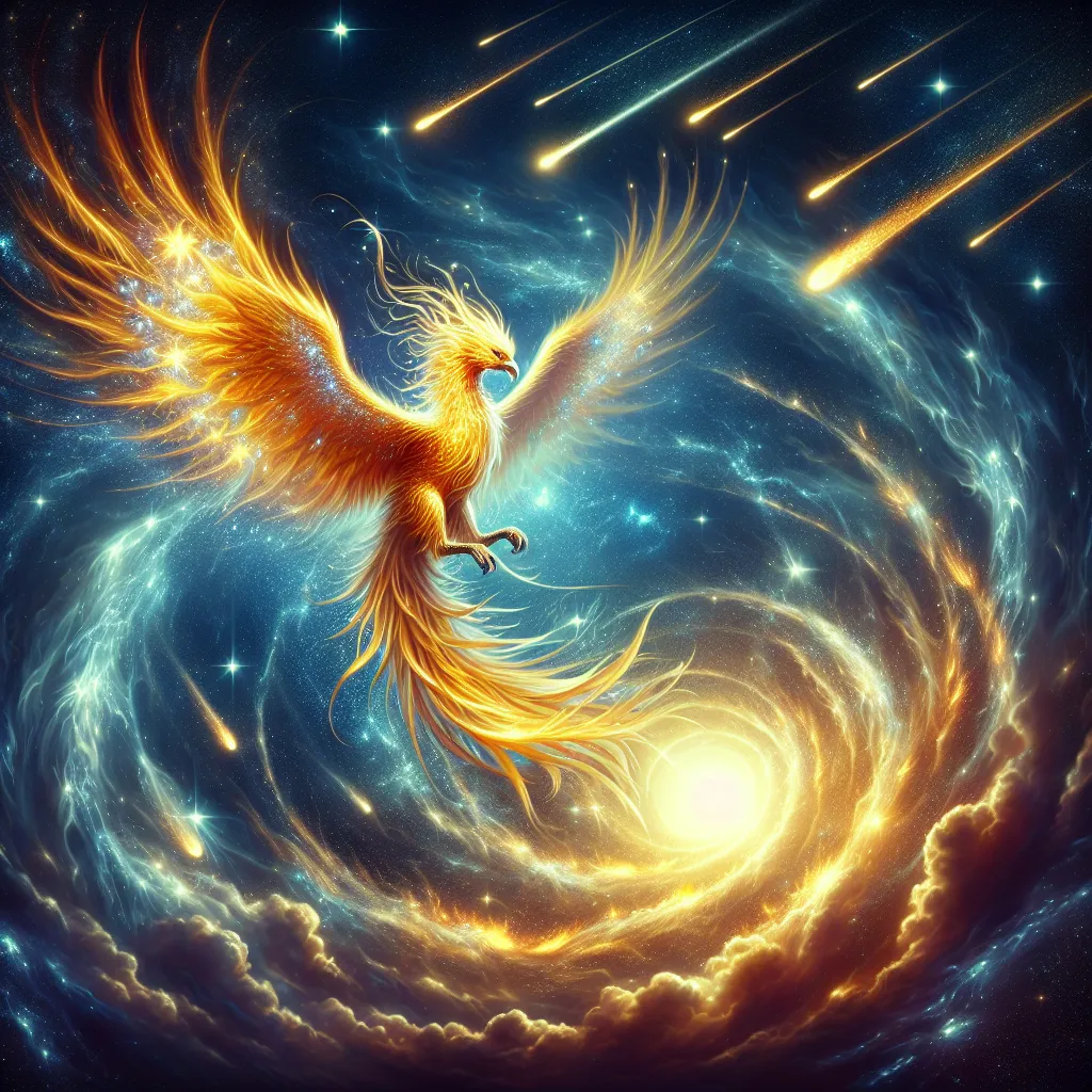 Prompt: "A radiant Phoenix with wings of pure starlight descends from a glowing rift in the sky. Their golden feathers are adorned with shifting constellations, and their talons blaze with cosmic fire. Around them, meteors streak through the heavens, signaling their arrival as a herald of divine judgment."