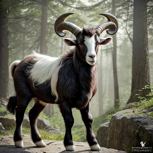 Prompt: Thalaris Windwhisper stands tall at 6'5", with the upper body of a muscular human male and the lower half of a majestic goat. His fur is a deep, rich brown that fades into a lighter shade at his chest and flanks, with a hint of silver running through it, giving him a regal presence. His eyes are a piercing emerald green, filled with ancient wisdom and a mischievous spark. A pair of ram-like horns, elegantly curved and adorned with intricate carvings of vines and leaves, rise from his forehead. His human torso is covered in intricate tattoos that tell the stories of his ancestors and adventures, each line drawn with the precision of a master artist. His goat legs are powerful and nimble, the hooves polished and unmarred from his preference for walking on softer, more natural terrains. His tail, a blend of fur and hair, is long and expressive, often flicking with his mood. His fingers and toes are tipped with small, sharp hooves that serve as both a tool and a weapon when necessary. He carries an aura of vitality and grace, moving with the fluidity of the forest itself.