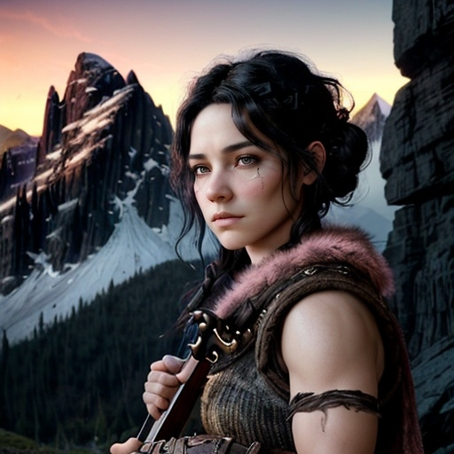 Prompt: Background Mountains, Female, Fantasy Character, Mountain dwarf, Musician, short wavy black hair, brown eyes, soft pink skin, muscular build, square bland face, large scar on her nose