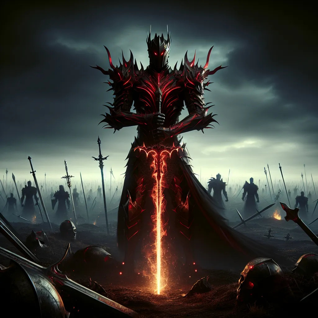 Prompt: "A fierce warrior clad in spiked red armor, standing on a dark plain littered with the weapons of his enemies. His glowing blade radiates a dark energy, and spectral warriors rise from the ground at his command. The sky above is dark and choked with ash, lit only by the flicker of distant fires."