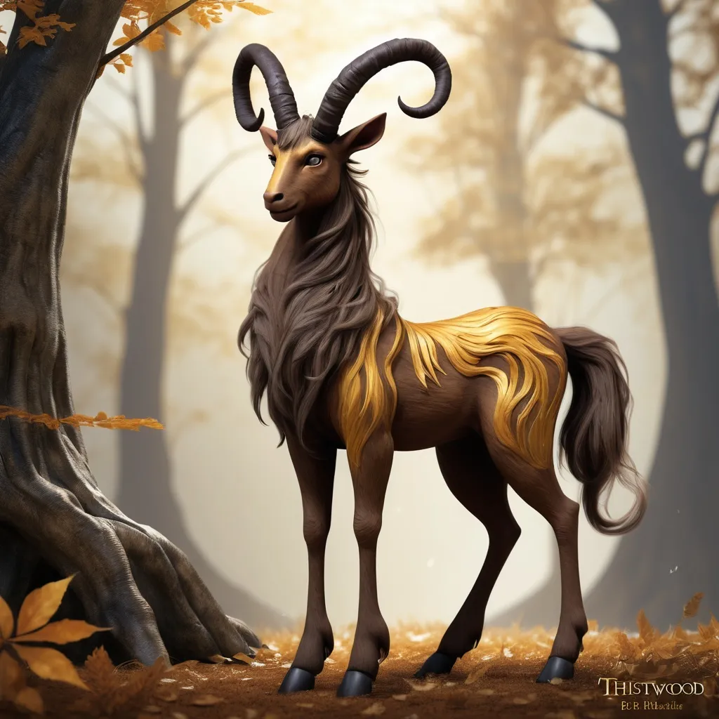 Prompt: Thistlewood is a graceful faun with a lean, muscular build, standing at the height of a tall human. Their fur is a deep, chocolate brown, accented by a golden mane that flows down their back and over their shoulders. Their eyes, the color of ancient amber, hold a knowing wisdom. Thistlewood's legs end in cloven hooves that make silent whispers against the forest floor. A set of spiraling horns, the hue of polished copper, crown their head, curving elegantly backward. They wear a simple tunic woven from the threads of spider silk and dyed with berry juices, leaving their limbs free to navigate the woodland.